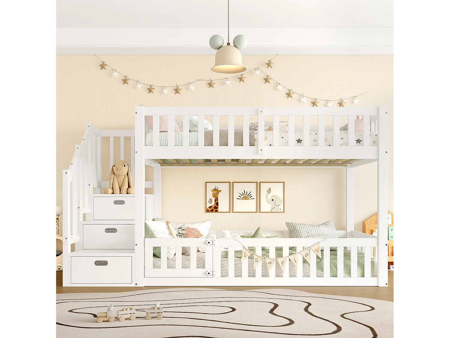 Cama beliche 90x200 cm - Com escada com armazenamento - Com grade de segurança - MDF - Branco