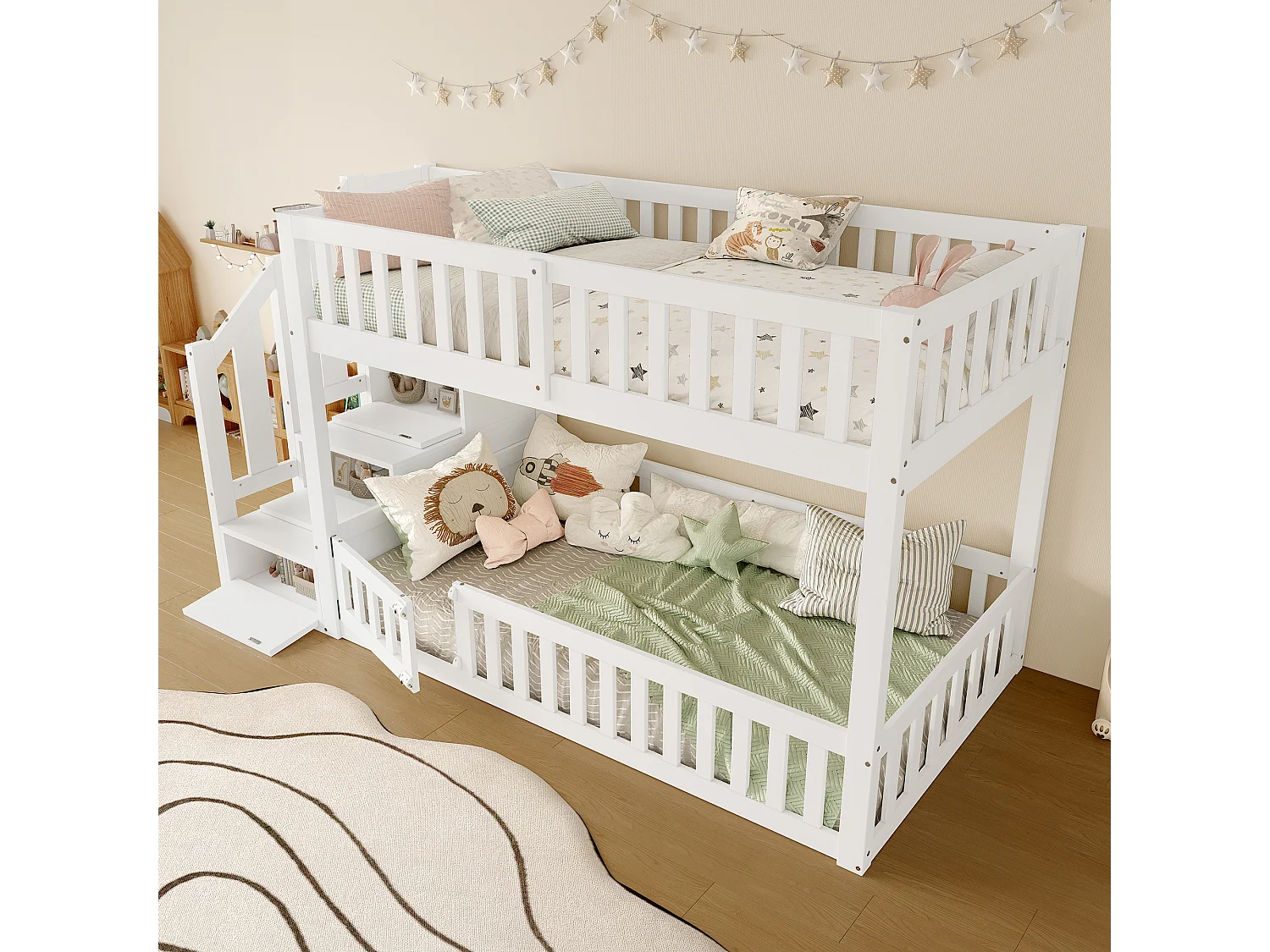 Cama beliche 90x200 cm - Com escada com armazenamento - Com grade de segurança - MDF - Branco