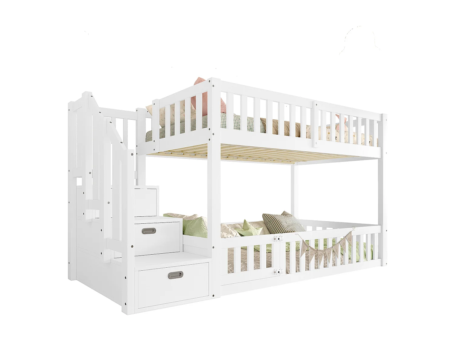 Cama beliche 90x200 cm - Com escada com armazenamento - Com grade de segurança - MDF - Branco