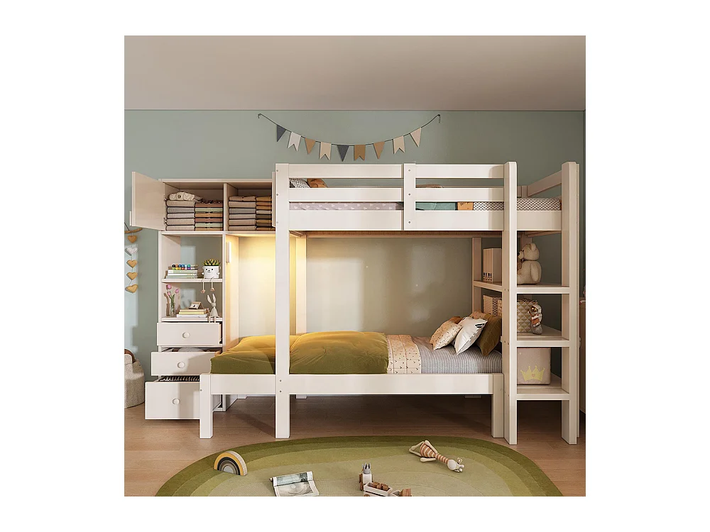 Lit superposé 90x200 cm veilleuse intelligente design décalé armoire étagère tiroirs grand espace rangement blanc