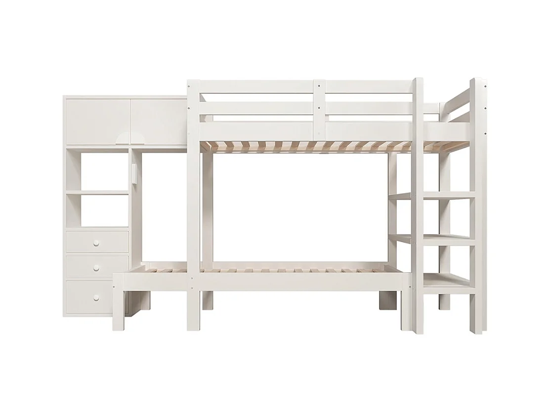 Lit superposé 90x200 cm veilleuse intelligente design décalé armoire étagère tiroirs grand espace rangement blanc