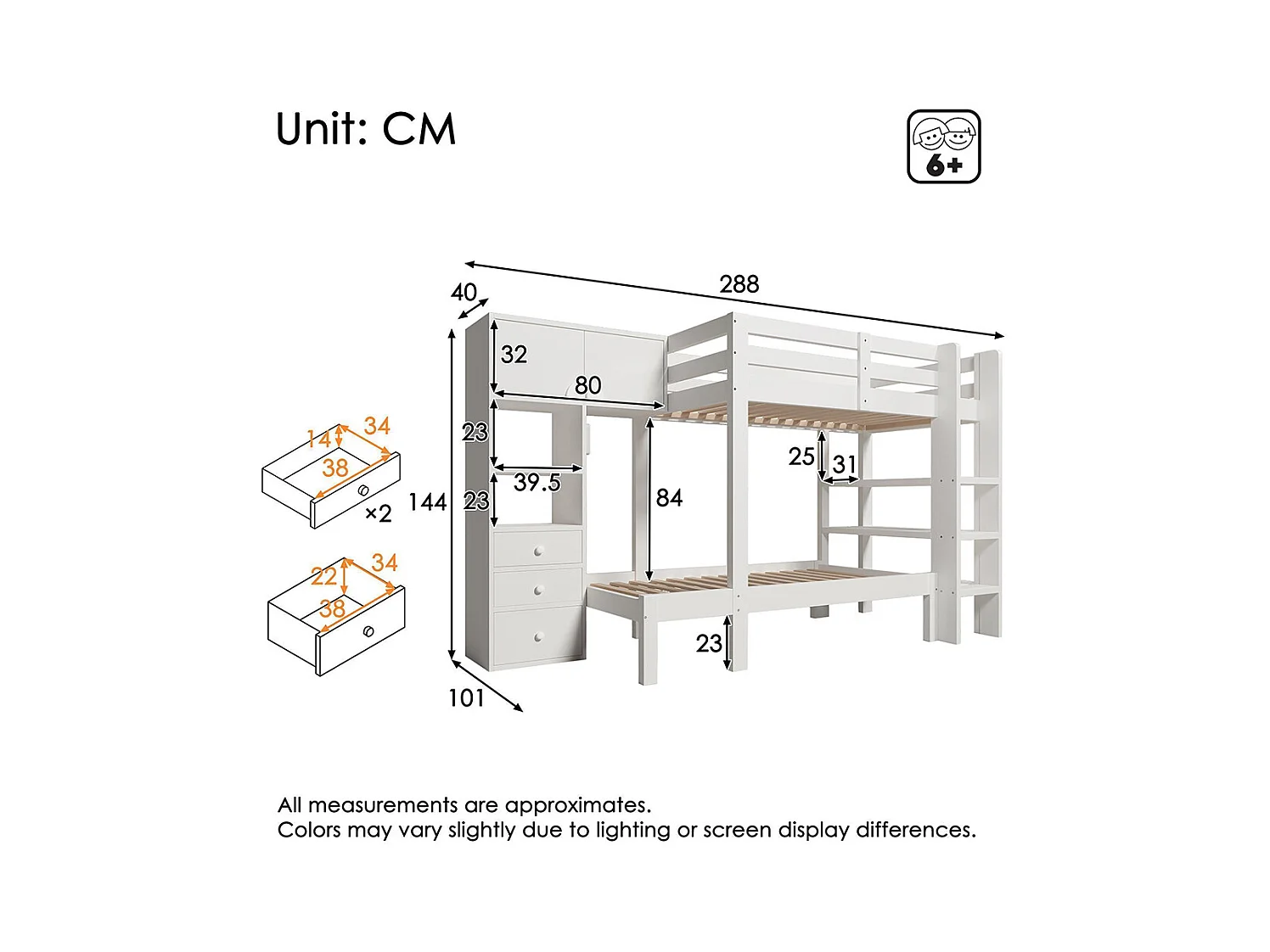 Lit superposé 90x200 cm veilleuse intelligente design décalé armoire étagère tiroirs grand espace rangement blanc