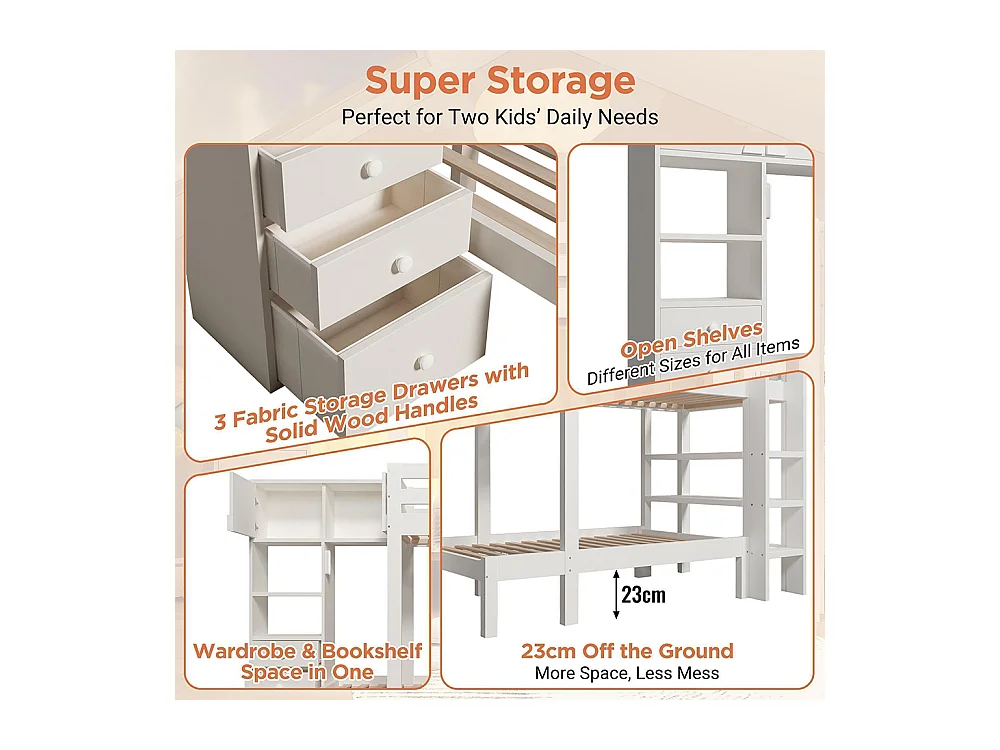 Lit superposé 90x200 cm veilleuse intelligente design décalé armoire étagère tiroirs grand espace rangement blanc