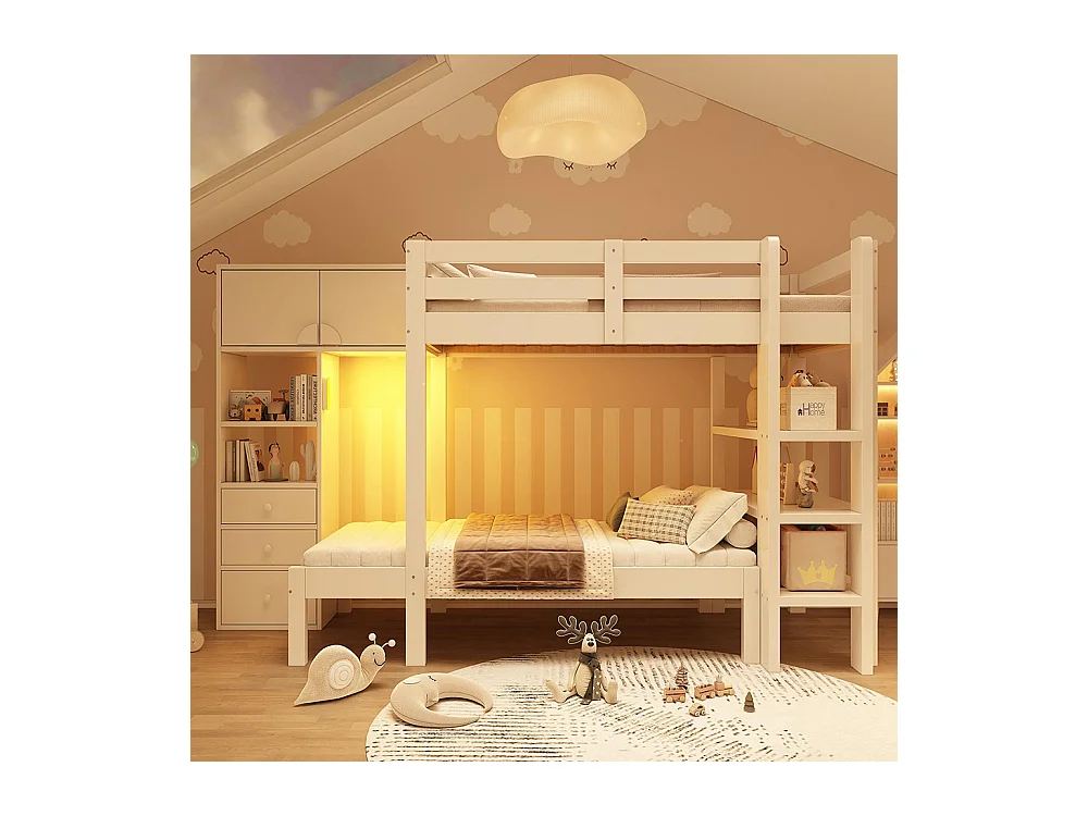 Lit superposé 90x200 cm veilleuse intelligente design décalé armoire étagère tiroirs grand espace rangement blanc