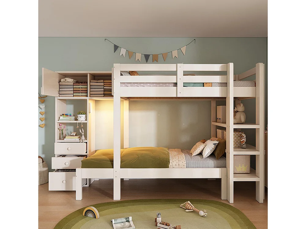 Lit superposé 90x200 cm veilleuse intelligente design décalé armoire étagère tiroirs grand espace rangement blanc