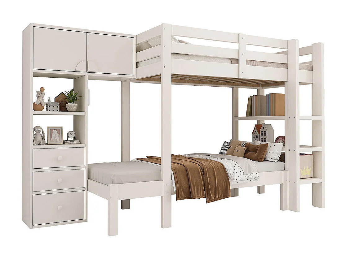 Lit superposé 90x200 cm veilleuse intelligente design décalé armoire étagère tiroirs grand espace rangement blanc