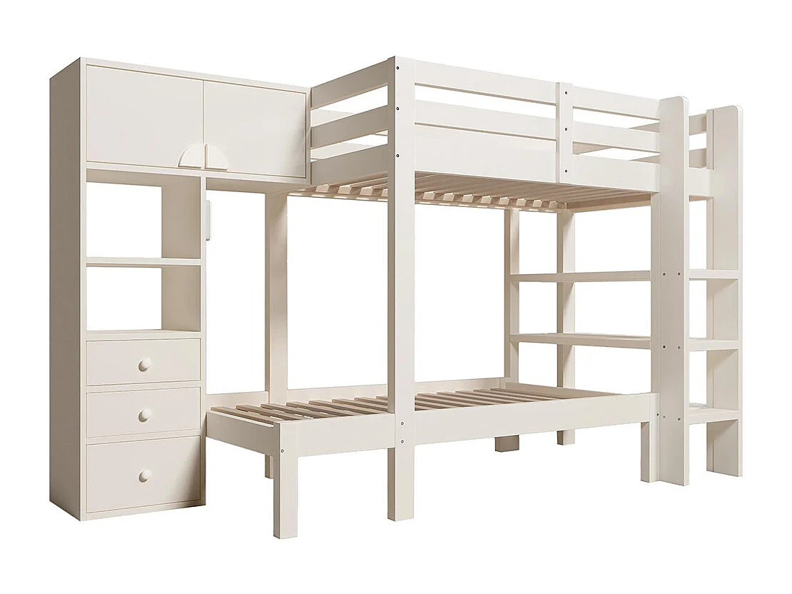 Lit superposé 90x200 cm veilleuse intelligente design décalé armoire étagère tiroirs grand espace rangement blanc