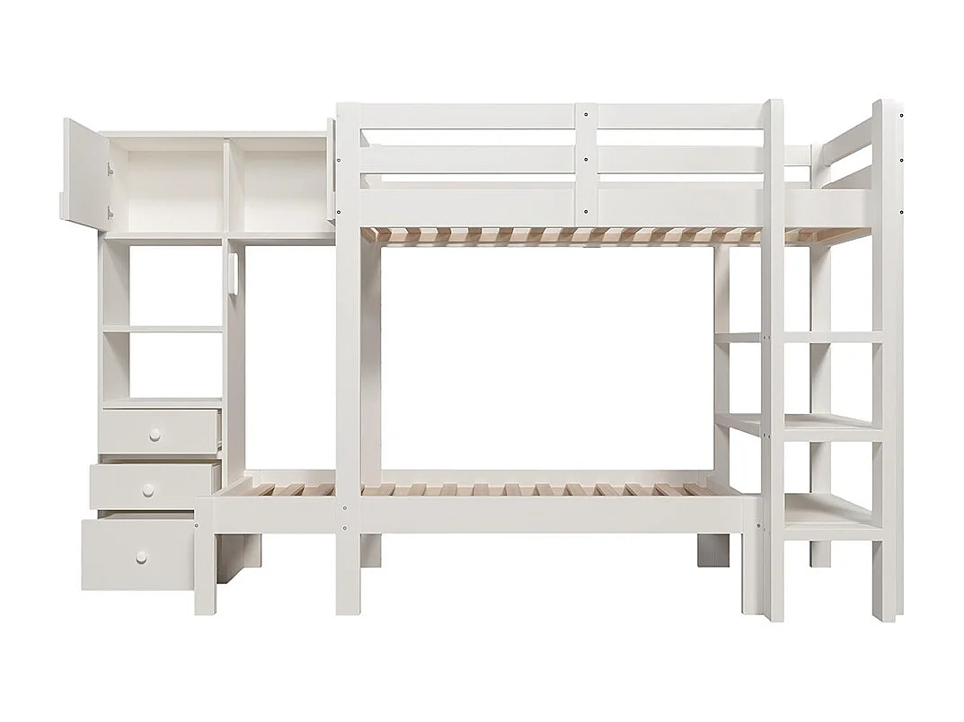 Lit superposé 90x200 cm veilleuse intelligente design décalé armoire étagère tiroirs grand espace rangement blanc