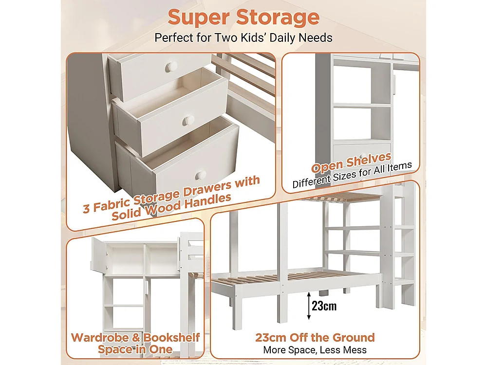 Lit superposé 90x200 cm veilleuse intelligente design décalé armoire étagère tiroirs grand espace rangement blanc