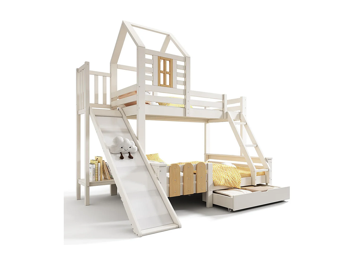 Lit superposé 90x200 140x200 cm maison tiroir toboggan échelle mezzanine enfant sommier lattes design cabane blanc