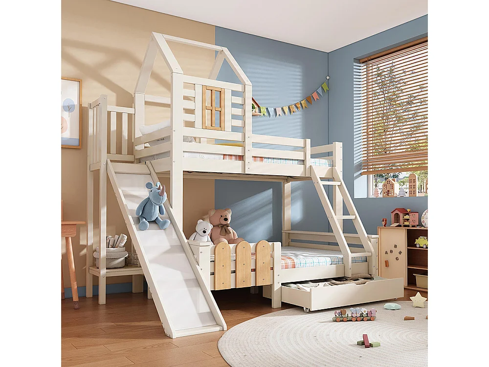 Lit superposé 90x200 140x200 cm maison tiroir toboggan échelle mezzanine enfant sommier lattes design cabane blanc