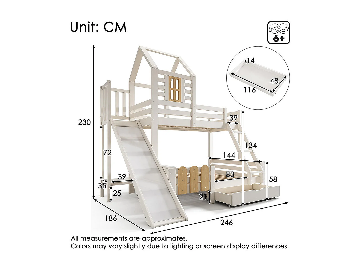Lit superposé 90x200 140x200 cm maison tiroir toboggan échelle mezzanine enfant sommier lattes design cabane blanc