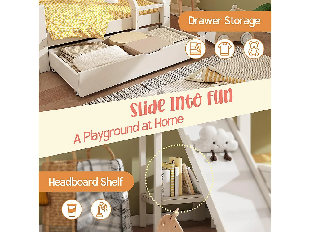 Lit superposé 90x200 140x200 cm maison tiroir toboggan échelle mezzanine enfant sommier lattes design cabane blanc
