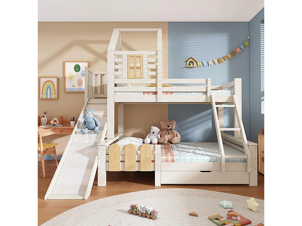 Lit superposé 90x200 140x200 cm maison tiroir toboggan échelle mezzanine enfant sommier lattes design cabane blanc