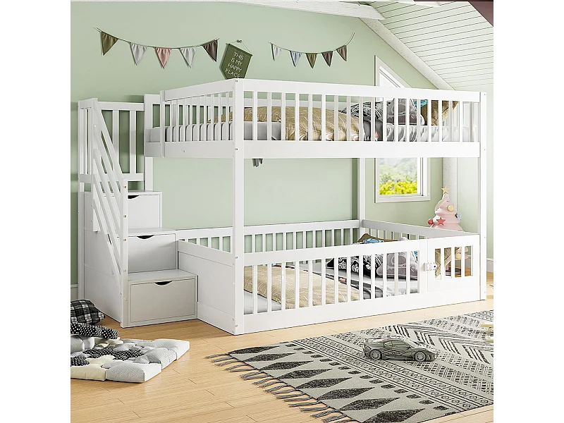 Lit superposé 140x200 pour enfants avec échelle sécurité tiroirs lit simple en bois blanc espace rangement