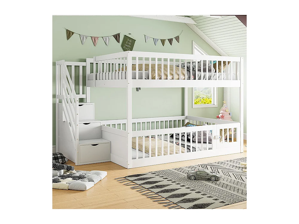 Lit superposé 140x200 pour enfants avec échelle sécurité tiroirs lit simple en bois blanc espace rangement