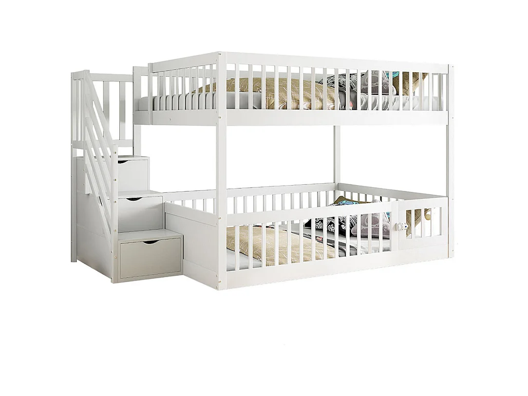 Lit superposé 140x200 pour enfants avec échelle sécurité tiroirs lit simple en bois blanc espace rangement