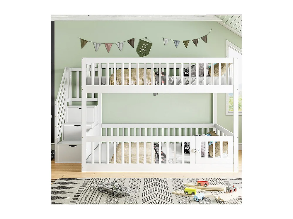 Lit superposé 140x200 pour enfants avec échelle sécurité tiroirs lit simple en bois blanc espace rangement