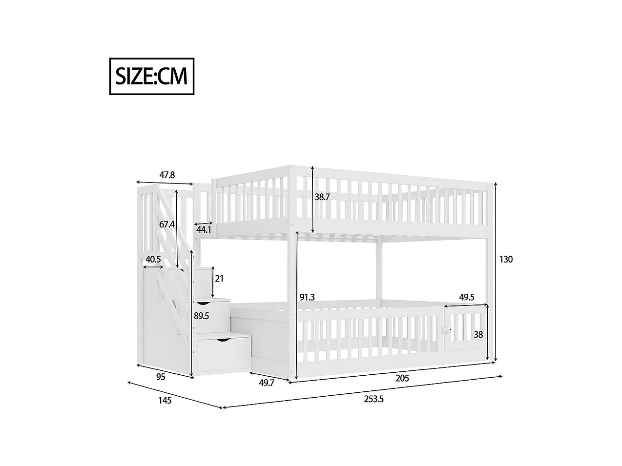 Lit superposé 140x200 pour enfants avec échelle sécurité tiroirs lit simple en bois blanc espace rangement