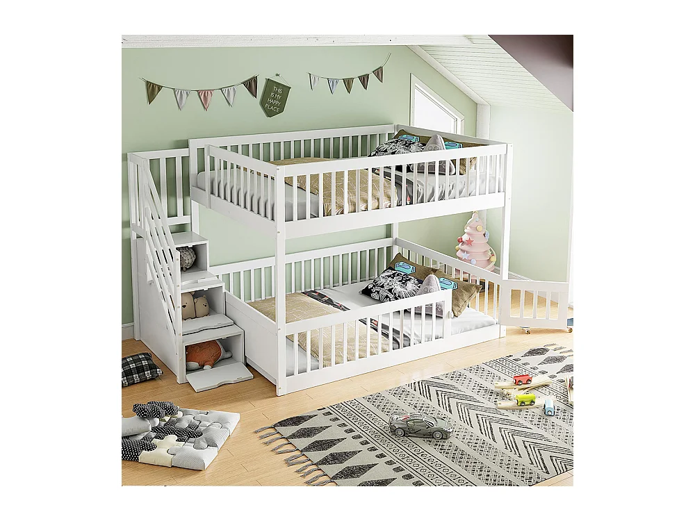 Lit superposé 140x200 pour enfants avec échelle sécurité tiroirs lit simple en bois blanc espace rangement