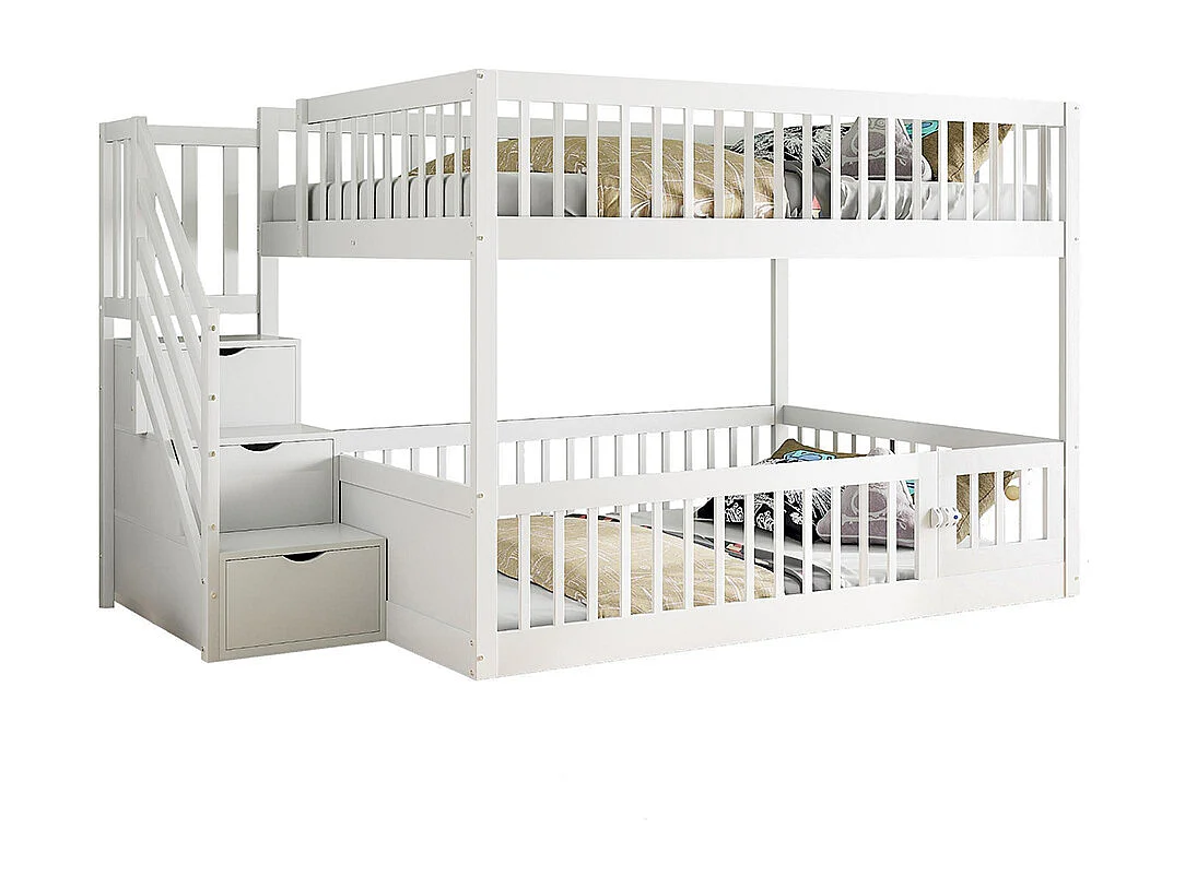 Lit superposé 140x200 pour enfants avec échelle sécurité tiroirs lit simple en bois blanc espace rangement