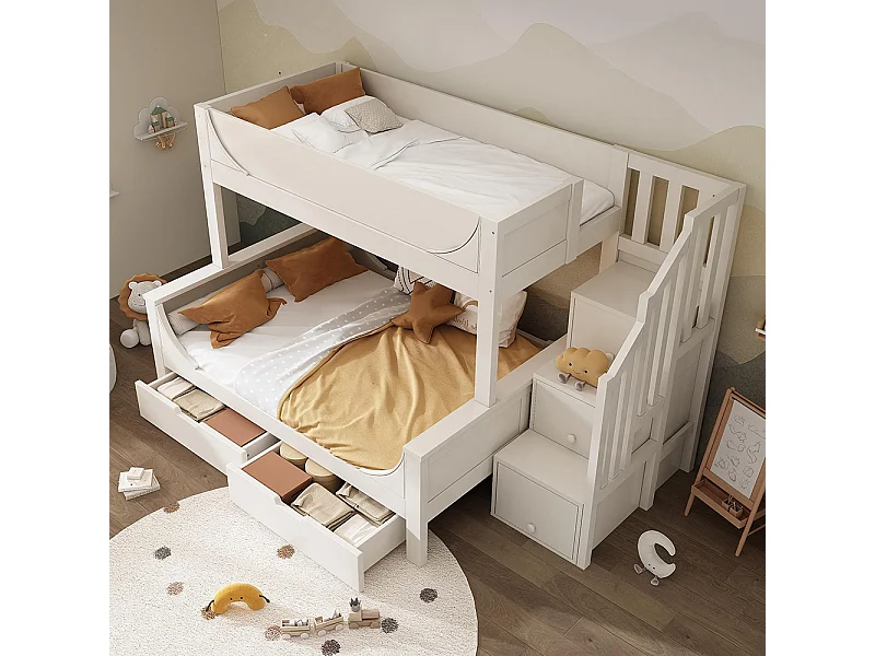 Lit superposé enfant échelle tiroirs design traîneau bois barrière sécurité sommier lattes double 90x200 cm haut 140x200 cm bas blanc