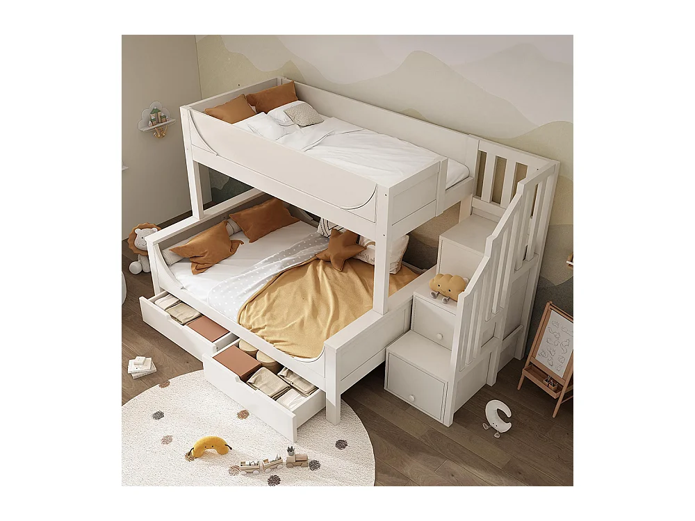 Lit superposé enfant échelle tiroirs design traîneau bois barrière sécurité sommier lattes double 90x200 cm haut 140x200 cm bas blanc