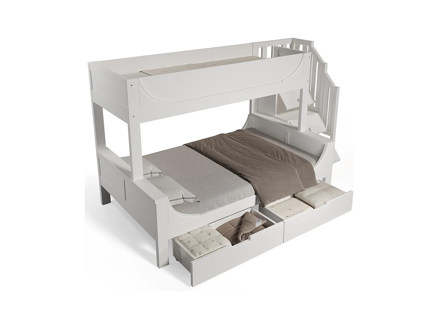 Lit superposé enfant échelle tiroirs design traîneau bois barrière sécurité sommier lattes double 90x200 cm haut 140x200 cm bas blanc