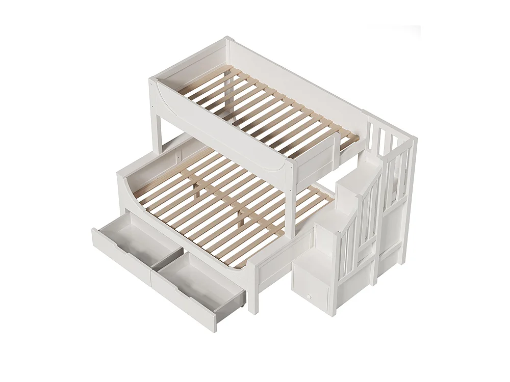 Lit superposé enfant échelle tiroirs design traîneau bois barrière sécurité sommier lattes double 90x200 cm haut 140x200 cm bas blanc