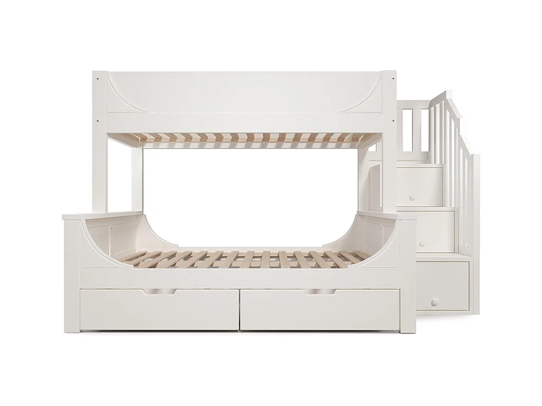 Lit superposé enfant échelle tiroirs design traîneau bois barrière sécurité sommier lattes double 90x200 cm haut 140x200 cm bas blanc