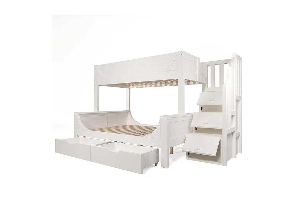 Lit superposé enfant échelle tiroirs design traîneau bois barrière sécurité sommier lattes double 90x200 cm haut 140x200 cm bas blanc