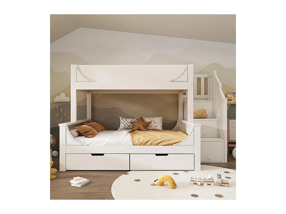 Lit superposé enfant échelle tiroirs design traîneau bois barrière sécurité sommier lattes double 90x200 cm haut 140x200 cm bas blanc