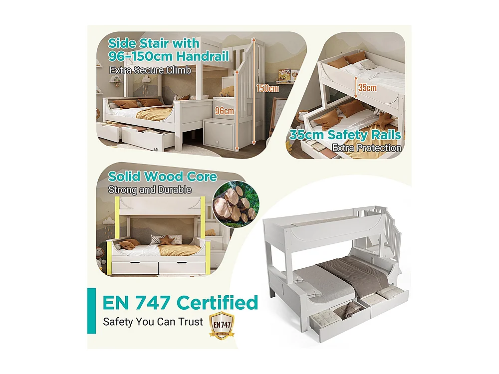 Lit superposé enfant échelle tiroirs design traîneau bois barrière sécurité sommier lattes double 90x200 cm haut 140x200 cm bas blanc
