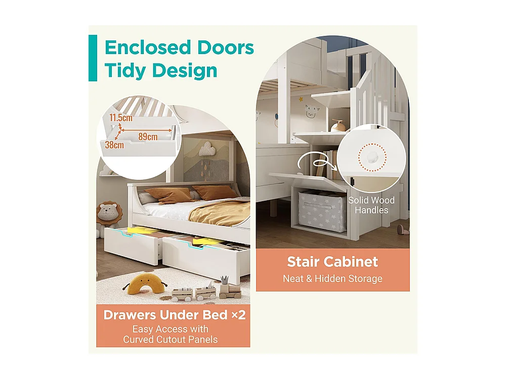 Lit superposé enfant échelle tiroirs design traîneau bois barrière sécurité sommier lattes double 90x200 cm haut 140x200 cm bas blanc