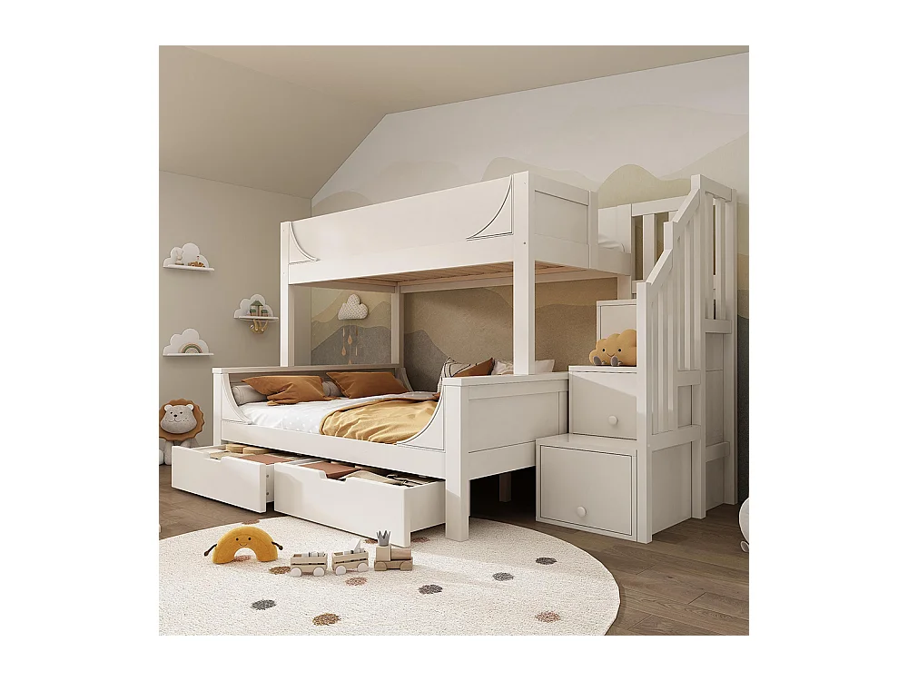 Lit superposé enfant échelle tiroirs design traîneau bois barrière sécurité sommier lattes double 90x200 cm haut 140x200 cm bas blanc