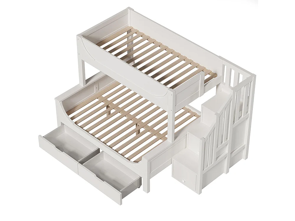 Lit superposé enfant échelle tiroirs design traîneau bois barrière sécurité sommier lattes double 90x200 cm haut 140x200 cm bas blanc