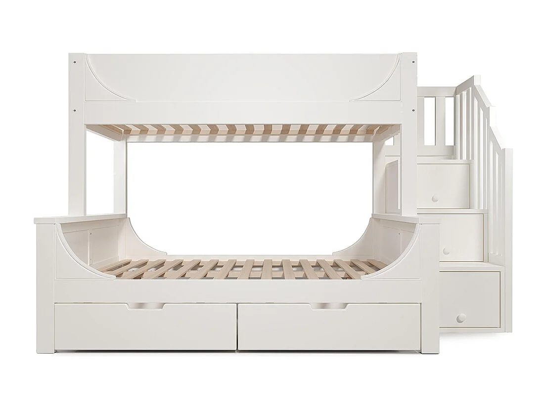 Lit superposé enfant échelle tiroirs design traîneau bois barrière sécurité sommier lattes double 90x200 cm haut 140x200 cm bas blanc