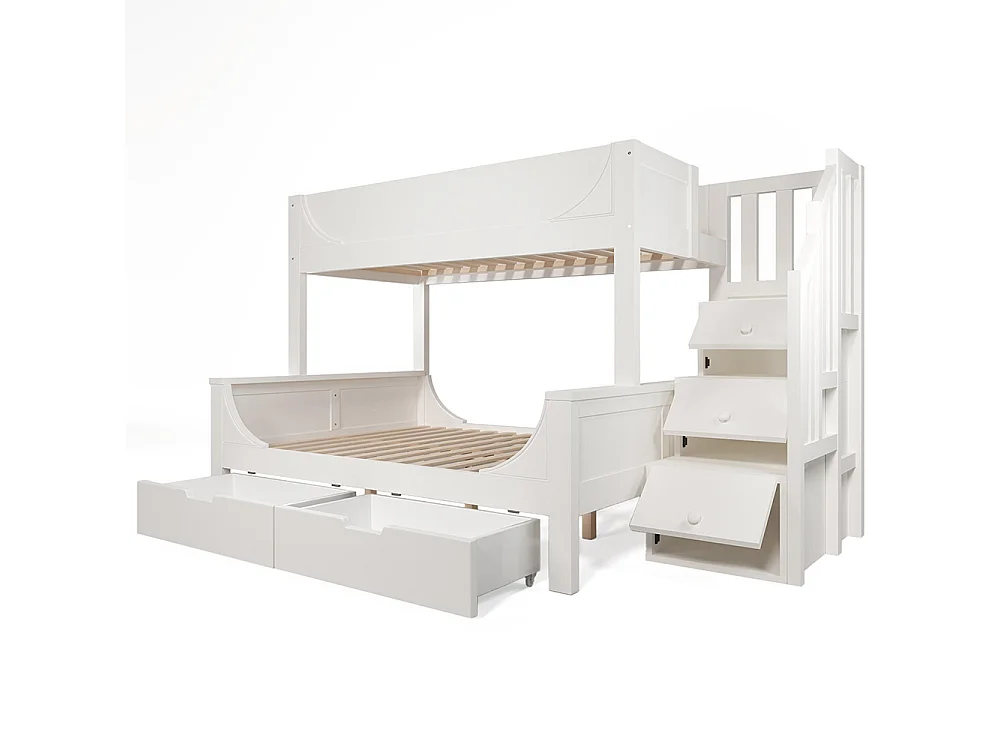 Lit superposé enfant échelle tiroirs design traîneau bois barrière sécurité sommier lattes double 90x200 cm haut 140x200 cm bas blanc