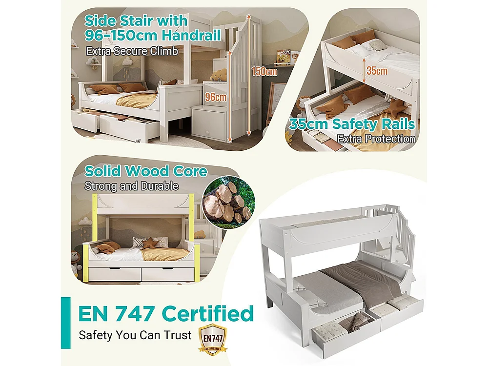 Lit superposé enfant échelle tiroirs design traîneau bois barrière sécurité sommier lattes double 90x200 cm haut 140x200 cm bas blanc