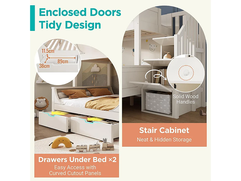 Lit superposé enfant échelle tiroirs design traîneau bois barrière sécurité sommier lattes double 90x200 cm haut 140x200 cm bas blanc