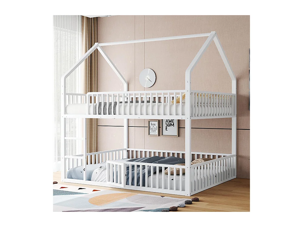 Lit superposé enfant 140x200 en métal design loft avec escalier lit inférieur petite porte blanc