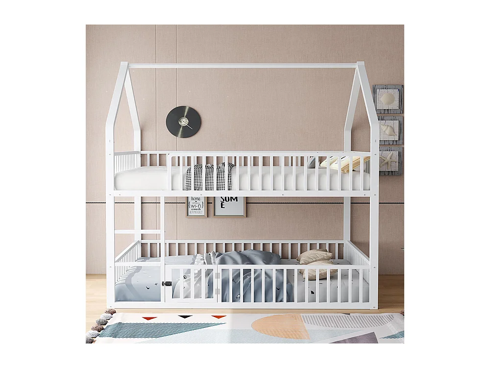 Lit superposé enfant 140x200 en métal design loft avec escalier lit inférieur petite porte blanc