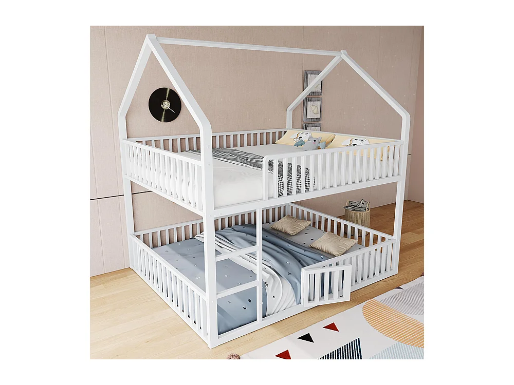 Lit superposé enfant 140x200 en métal design loft avec escalier lit inférieur petite porte blanc