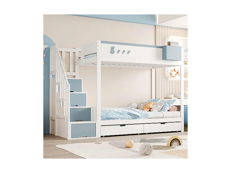 Lit superposé pour enfant 90x200 cm avec motifs lapins carottes rangement amovible échelle sécurité tiroirs sommier à lattes double blanc bleu