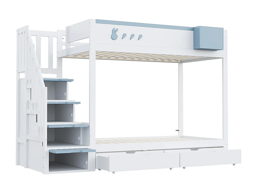 Lit superposé pour enfant 90x200 cm avec motifs lapins carottes rangement amovible échelle sécurité tiroirs sommier à lattes double blanc bleu