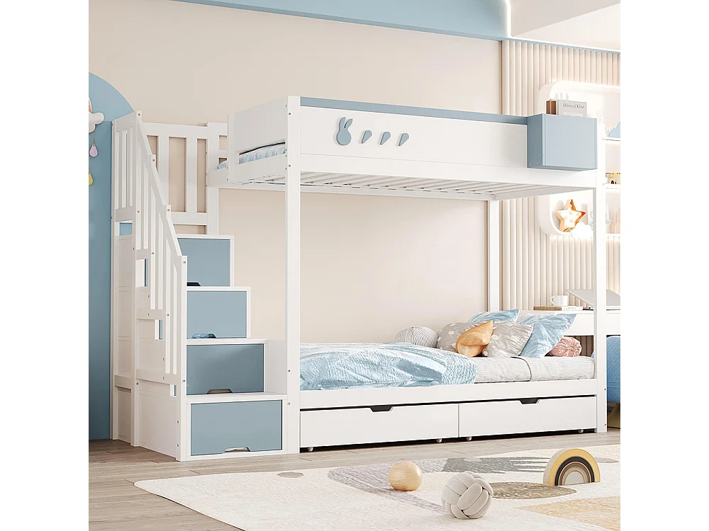 Lit superposé pour enfant 90x200 cm avec motifs lapins carottes rangement amovible échelle sécurité tiroirs sommier à lattes double blanc bleu