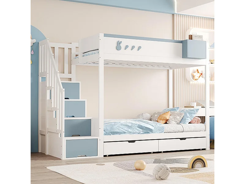Lit superposé pour enfant 90x200 cm avec motifs lapins carottes rangement amovible échelle sécurité tiroirs sommier à lattes double blanc bleu