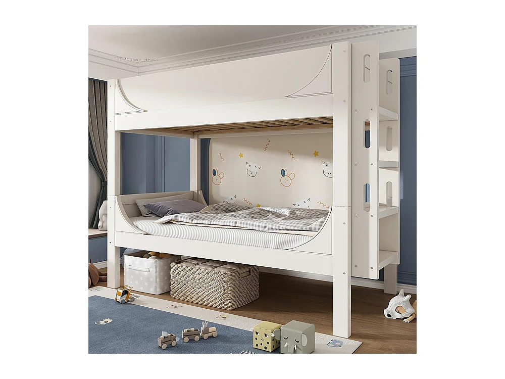 Lit superposé séparable 90x200 cm échelle flexible tête pied design traîneau 1 lit 2 lits simples blanc EN747-1:2024 sans matelas