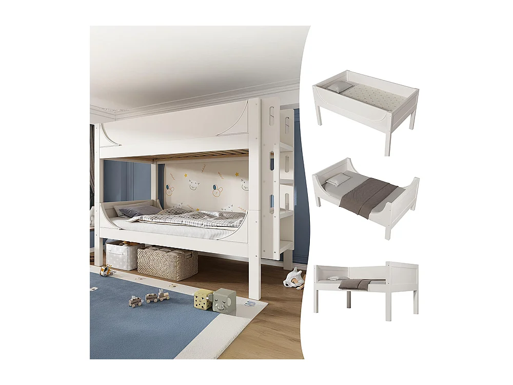 Lit superposé séparable 90x200 cm échelle flexible tête pied design traîneau 1 lit 2 lits simples blanc EN747-1:2024 sans matelas