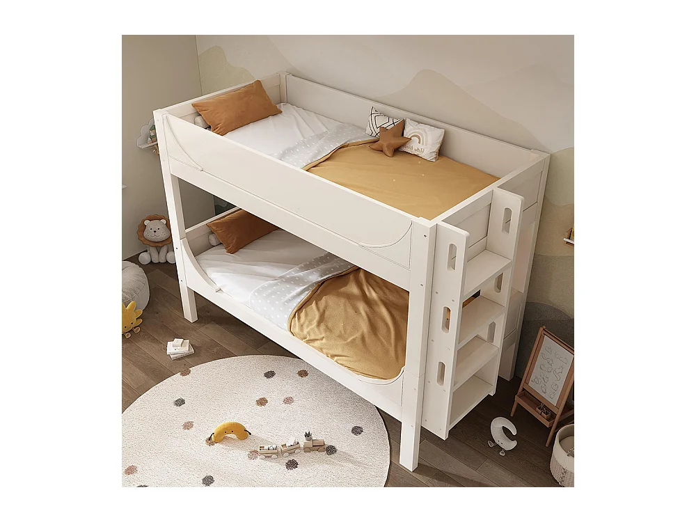 Lit superposé séparable 90x200 cm échelle flexible tête pied design traîneau 1 lit 2 lits simples blanc EN747-1:2024 sans matelas